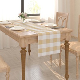 Beige & White 2 Piece Fabric in 1 Cotton Buffalo Check Table Runner Cloth for Family Dinners or Gatherings, Indoor or Outdoor Parties, Everyday Use, 12 x 72