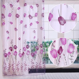 Colorful Tulips Floral Printing Tulle Voile Curtains Sheer Drape Balcony Door Room Dividers Scarf Valances Pastoral Decorative Window 100 * 200cm (Pink)