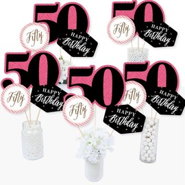 Chic 50th Birthday - Pink, Black and Gold - Birthday Party Centerpiece Sticks - Table Toppers - Set of 15