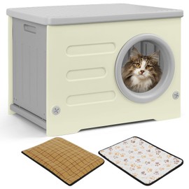 Plastic Cat House for Outdoor Indoor Use, Stackable Feral Cat Shelter Indoor Cat House Weatherproof Waterproof Elevated, with 2-Sided Cushion (Grey)