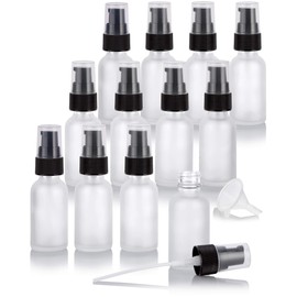 JUVITUS 2 oz Frosted Clear Glass Boston Round Bottle with Black Treatment Pump (12 Pack) + Funnel BPA Free Refillable Empty Storage Containers