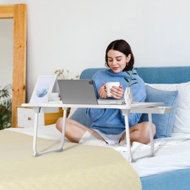 Grebest Folding Bed Table, Bear Shape Laptop Bed Tray Table, Adjustable Laptop Bed Desk with Storage Drawer & Cup Holder, Portable Lap Desk for Bed & Sofa White