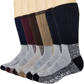 6 Pairs Merino Wool Thermal Socks Men and Women Warm Cushioned Hiking Crew Socks for Hunting Winter Etc Long Survival Boot Socks Moisture Wicking Assortment 10-13