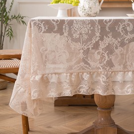 Cream Beige French Lace Ruffle Tablecloth 60 x 60 Inch with Ruffled Edge, Fits Round and Square Tables, High Density Floral Jacquard Table Cover for Farmhouse Dining, Tea Party and Neutral Home Decor