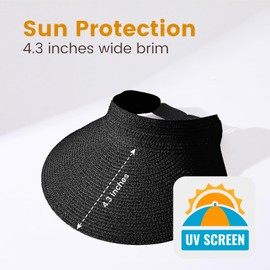 Women's Sun Visor Hat Wide Brim UPF 80+ Packable Ponytail Beach Visor Foldable for Travel Summer(Black hat)
