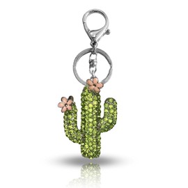 Sonoran Souvenirs Saguaro Cactus Green Rhinestone with Pink Flower Bling Bag Charm Southwest Key Chain Gifts Crystal Purse Charm Accessory for Outdoorsy Women