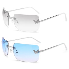 LIU·WEN Rectangle Y2k Sunglasses for Women - Trendy Rimless 2000S Fashion Shades Butterfly(Silver + Gradient Blue)