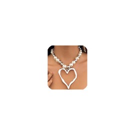 Y2k Large Heart Necklaces for Women Chunky Love Pearl Ball Beads Choker Necklaces Exaggerated Big Hollow Heart Pendant Necklace Statement Jewelry Gift (Silver)