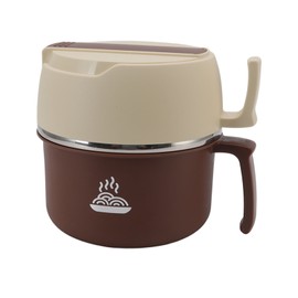 Stainless Steel Noodle Bowl Lunch Box Double Layer Ramen Bowl with Handle Lid Fork and Spoon for Office Workers Students Coffee and Beige