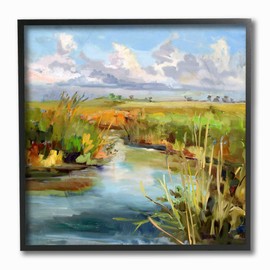 Stupell Industries Bright Painterly Mid Day River Scene with Clouds Framed Giclee Texturized Art, Multi-Color