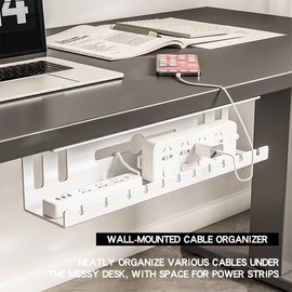 Under Desk Cable Management Tray Wires Organizer Power Strip Management No Drill Under Table Organizer for Cable Storage Holder for Office Home Desk/Table (WHITE-50CM)