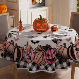 XCHI - Mantel de Halloween redondo rosa espeluznante calabaza Boo lavable para interiores y exteriores, comedor, hogar, fiesta, decoración de mesa, 60 x 60 pulgadas