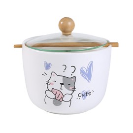 Porcelain Ramen Noodle Bowl with Glass Lid 26 fl oz Bowl With Chopsticks For Udong, Pho, Tomyum Ramen Noodle Soup Whimsical Characters (Cat)