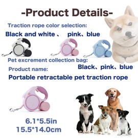 Retractable Dog Leash with LED Flashlight for Girl, 16ft Dog Walk Leash with Removable Poop Bag Holder for Small and Medium Dogs, Dog Leash with Reflective Strong Nylon Tape (3 Dog Poop Bag, White)