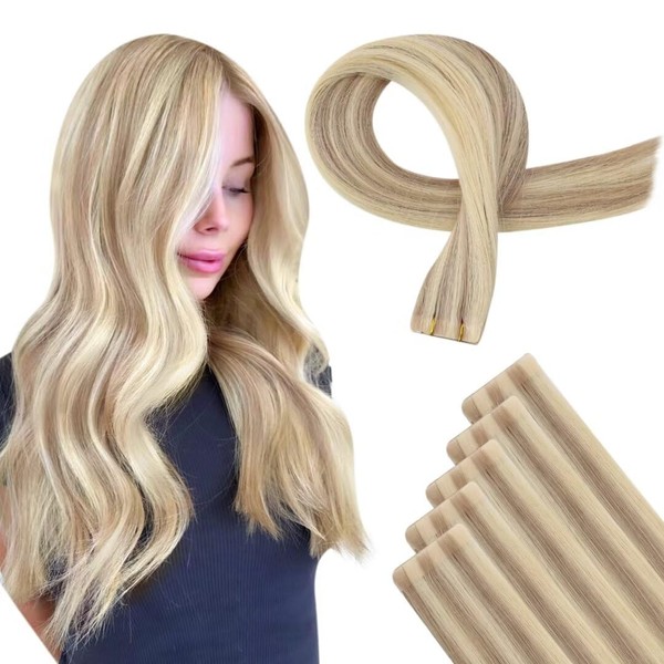 Easyouth Virgin Tape Extensions Real Hair Blonde Highlighted Tape-In Hair Extensions Remy Virgin Tape-In Hair Extensions Ash Blonde Highlighted Yellow Blonde 18/613 18 Inches 12.5 g 5 Pieces