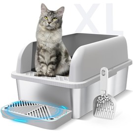 Suzzipaws Enclosed Stainless Steel Cat Litter Box with Lid Extra Large Litter Box for Big Cats XL Metal Litter Pan Tray with High Wall Sides Enclosure, Non-Sticky, Anti-Leakage, Easy Cleaning