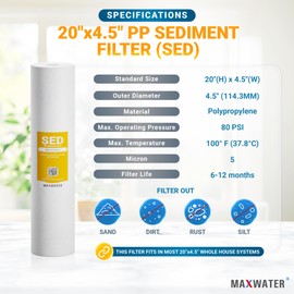 20"x4.5 1 Stage Whole House Water Filter System 1" Ports Double O Ring Clear Filter Housing + Gauge w/ 5-Micron Polypropylene Sediment Water Filter Good for RV