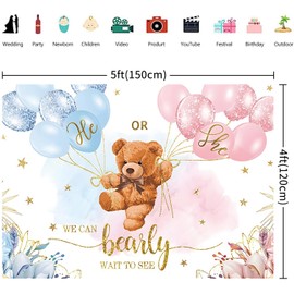 1.5 x 1.2 m Photo Background Gender Reveal Bear Balloons Blue or Pink He or She We Can Bearly Wait to See Photography Background Gender Reveal Party Decorations Banner Photo Studio Props