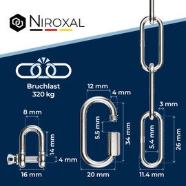 NietFullThings extension chain made of stainless steel, breaking load maximum 900 kg, with screw connector and shackle made of V4A fixing set, suspension of punching bag, hammock chair.