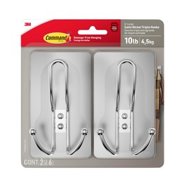 Command X-Large Satin Nickel Triple Hook 2 Pack 17038SN-2ES, 2 Hooks, 6 Strips