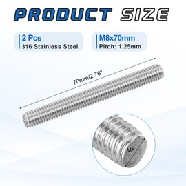 sourcing map 2Pack M8x70mm Fully Threaded Rod, 316 Stainless Steel Right Hand All Thread Screw Studs for Furniture Assembly Fastening, 1.25mm Pitch
