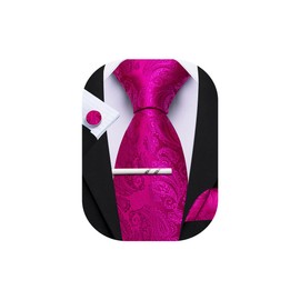 Barry.Wang Hot Pink Tie with Tie Clip for Men Paisley Silk Necktie Pocket Square Cufflinks Set Formal Wedding Party Business