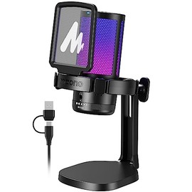 MAONO - Micrófono USB para PC, micrófono RGB para juegos con botón de silencio, micrófono de condensador de cancelación de ruido con perilla de