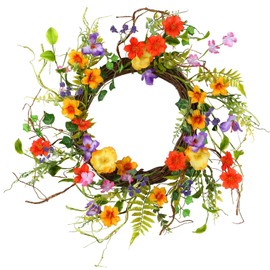 24 Inch Spring Branch Wreath with Mixed Morning Glory Flowers Trumpet Blossom Floral Wreath Silk Morning Glory Flower Hanging Wreath with Vine for Front Door Wedding Window Wall Summer Home Decoration