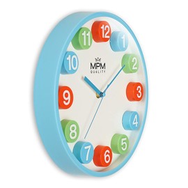 MPM Quality Colourful Children's Plastic Wall Clock, Blue/Colourful, Large Colourful 3D Numbers, Quartz Movement Sweep for Undisturbed Play, Diameter 304 x 43 mm, Suitable for Children's Room,