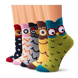 Women's socks a pack of five pairs-Cute cartoon cotton socks-Suitable for spring、autumn and winter-Free size with flexible materials suitable for all adult women (owl)