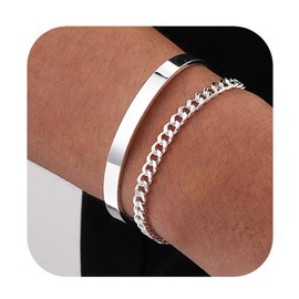 COYUN 2 Pieces Silver Bracelets for Men Stainless Steel Bracelets Men's Cuban Link Rope Figaro Chain Bracelet Set for Men Women Jewellery Gift for Men Him Father Boyfriend Husband