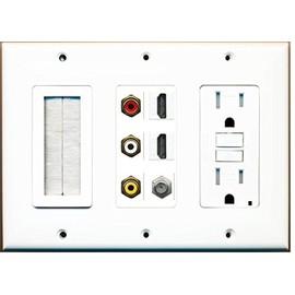 RiteAV - (3 Gang) 15A GFCI Outlet Mesh-Brush 2 HDMI Coax Composite Video Wall Plate White