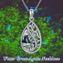 MISTBEE Filigree Moss Agate Necklace 925 Sterling Silver Green Natural Moss Agate Necklace Teardrop Pendant Jewelry for Women, Sterling Silver, moss agate