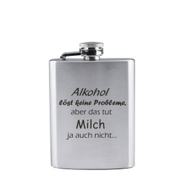 Stainless Steel Hip Flask with Engraving - Alcohol Löves Keine Probleme, Aber das TUT Milch ja auch Nicht... - Funny - as a Gift or Christmas (190 ml)