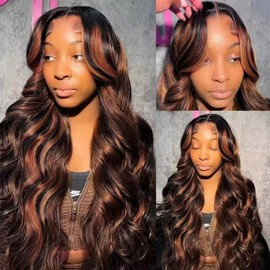 Teveshine 10A Brown Highlight Body Wave Bundles with Closure Human Hair 20 22 24+20inch free part Ombré Brown Bundles with 4x4 Closure Unprocessed Brazilian Remy Human Hair