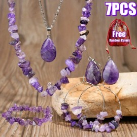 7pcs Bohemian Jewelry Collection Featuring a Unique Amethyst Necklace, Pendant, Bracelet, and Earrings- a Complete Set of PurpleColor: Purple 7pcs