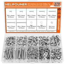 HELIFOUNER 370 Pieces M4 x 6mm /8mm /12mm /16mm /20mm/25mm /30mm, Phillips Pan Head Machine Screws, Metric Screws Bolts Washers Nuts Kit, 304 Stainless Steel