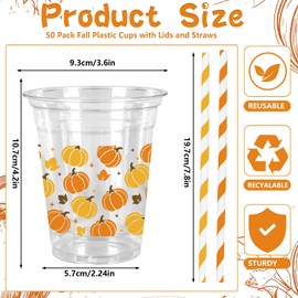 Whaline 50Pcs Fall Plastic Cups with Lids Straws Orange Yellow Brown Pumpkin Maple Clear Plastic Cups 12oz Disposable Cup for Autumn Thanksgiving Party Favors Supplies