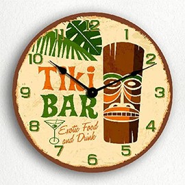 Tiki Bar Wall Clock 10 Inch Tropical Wall Clock Battery Operated Non-Ticking Vintage Farmhouse Wood Clock Large Wall Clock for Living Room Kitchen Bedroom Decor