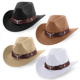 Panitay 4 Pcs Classic Western Cowboy Hat for Men Felt Wide Brim Hats Women Belt Buckle Panama for Adults Kids Party, 4 Colors(Black, White, Khaki, Dark Khaki)