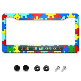 HUIXIA Autism Awareness License Plate Frames, Rainbow Puzzle Cute License Plate Frame for Women Men, Funny Aluminum Vintage Front Car Tag Frame Cover Holder Decor with 2 Holes (QCP-89)