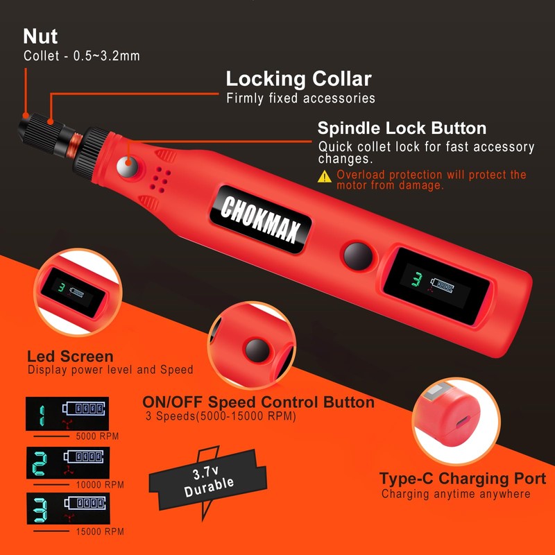 CHOKMAX Mini Wireless Rotary Tool with Work Screen, 3 Speed
