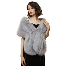 BEAUTELICATE Women's Faux Fur Stole Scarf for Festive Faux Fur Bolero for Winter Wedding Bridal Scarf Bridal Stole Bridal Jacket for Evening Dress 1920s, gray
