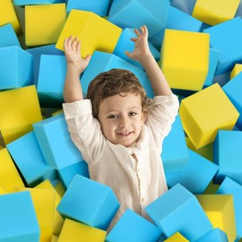 TAYUQEE Foam Pit Cubes Blocks - 24PCS 5" x 5" x 5" Foam Cubes Gymnastics Foam Blocks for Home Trampoline Parkour Courses, Foam Ball Pits, Skateboard Parks, BMX - Blue & Yellow