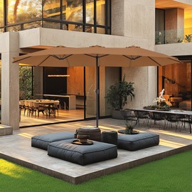 MFSTUDIO 15ft Double Sided Patio Umbrella with Base Included, Outdoor Large Rectangular Market Umbrellas with Crank Handle for Deck Pool Shade, Tawny