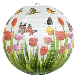 Paper Lampshade Hanging Light Shade 30cm, Oriental Ribbed Japanese Ceiling Fixture with Cherry Blossom & Floral Patterns, Perfect for Home Lighting, Wedding,Party & Boho Decor (Tulips and Butterflies)