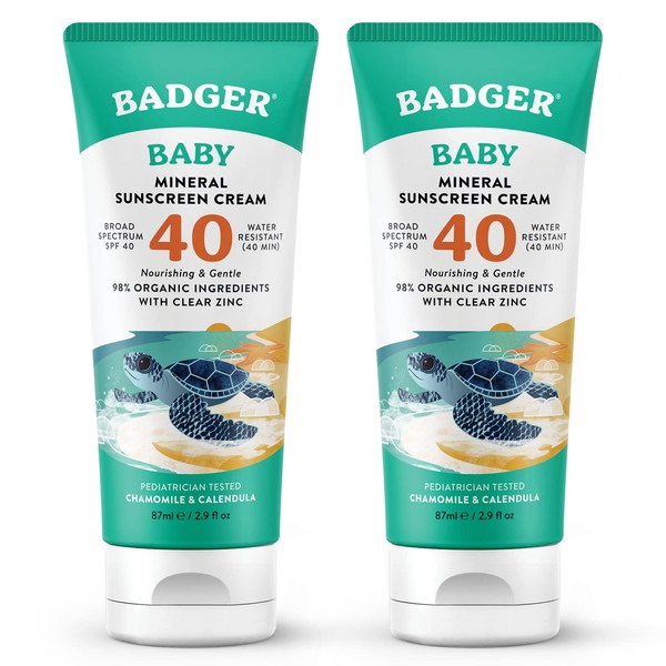 Badger SPF 40 Baby Sunscreen Cream (2 Pack) - Reef-Friendly Broad-Spectrum Water-Resistant Baby Sunscreen with Zinc Oxide - Chamomile and Calendula, 2.9 oz