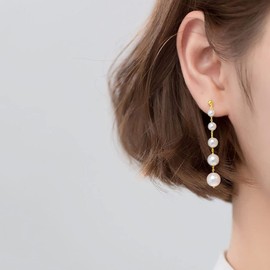 SLUYNZ Sterling Silver Pearl Earrings Dangle for Women Teen Girls Wedding Pearl Dangling Earrings Ball Studs (B-Gold)