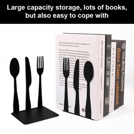 LdawyDE Bookends, Pack of 2 Bookends, Metal Bookends, Black Book Holder, Cutlery, Creative Decorative Book Holder, Shelf Bookends for Kitchen, School, Home, Library