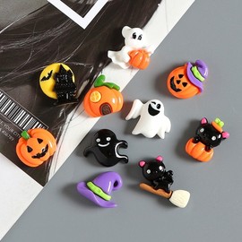 Halloween Pumpkin Witch Hat Ghost Castle Resin Charms for DIY Crafts, Hair Accessories, and Phone Cases Patch Hat 10ea